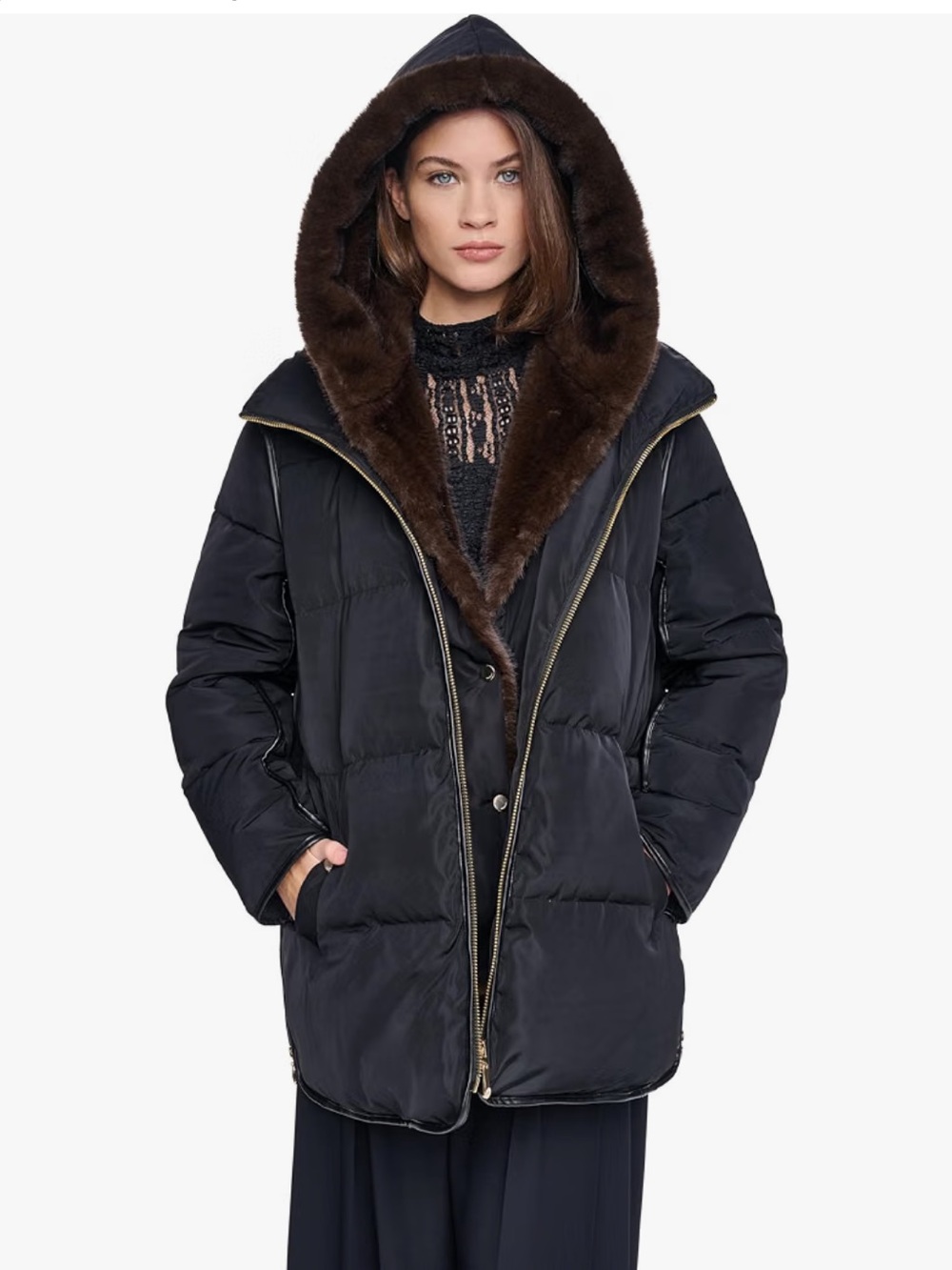 HALSTON Faux Mink Trim Hooded Puffer Parka Black BNIB